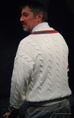 Men's sporty V-neck pullover cotton cable-knit sweater with red and navy striped trim and tennis emblem