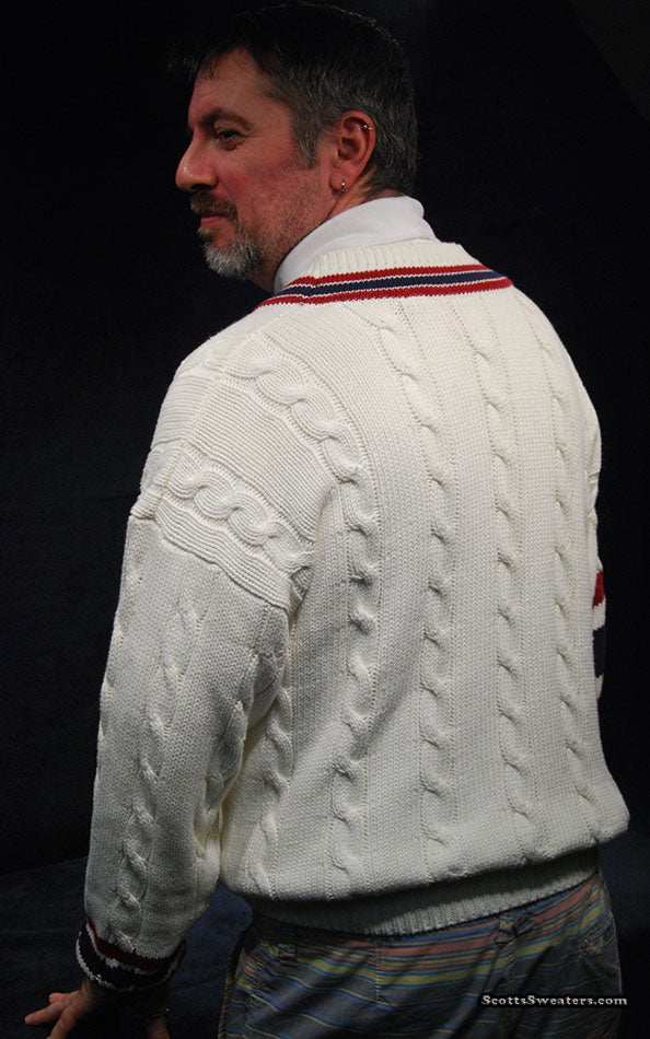 Men's sporty V-neck pullover cotton cable-knit sweater with red and navy striped trim and tennis emblem