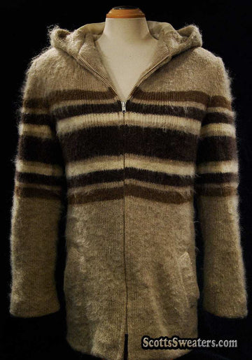 Tan women's Icelandic wool coat with hood and three-tone stripes by Hilda Ltd, medium size