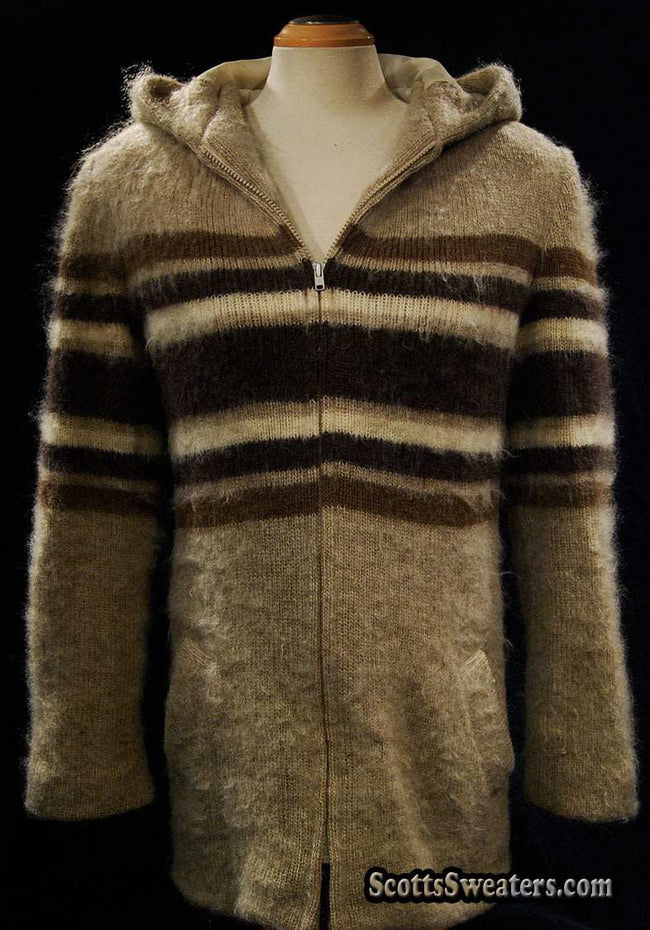 Woman's tan Icelandic wool hooded coat with horizontal three-tone stripes and nylon lining by Hilda Ltd, size medium