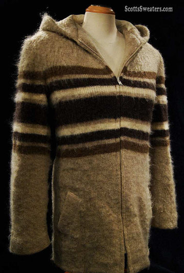 Woman's tan Icelandic wool hooded coat with three-tone stripes and nylon lining by Hilda Ltd