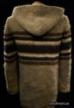 Woman's Icelandic wool hooded coat with three-tone horizontal stripes by Hilda Ltd, tan color.