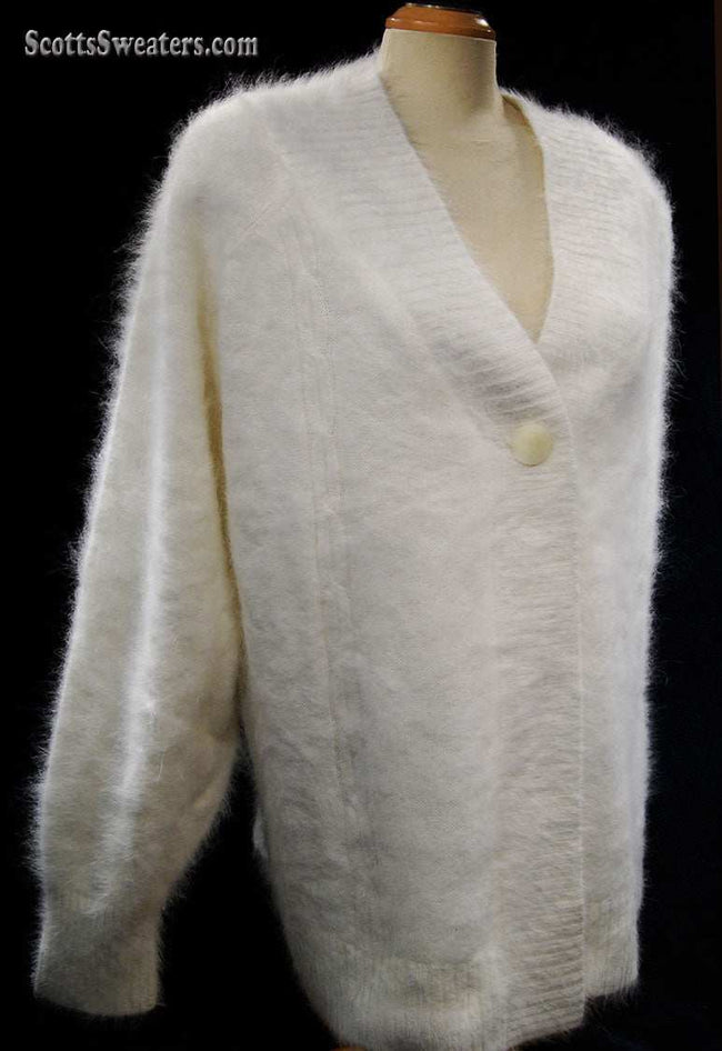 Woman's white angora shawl-neck cardigan sweater with single-button closure by Lee Sands, plus and missy sizes