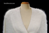 Woman's white angora shawl-neck cardigan sweater with single-button closure by Lee Sands in plus and missy sizes