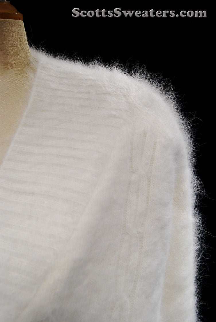 Woman's white angora shawl-neck cardigan sweater with single-button closure by Lee Sands in plus and missy sizes