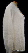 Woman's white angora shawl-neck cardigan sweater with single-button closure by Lee Sands Missy-One-Size