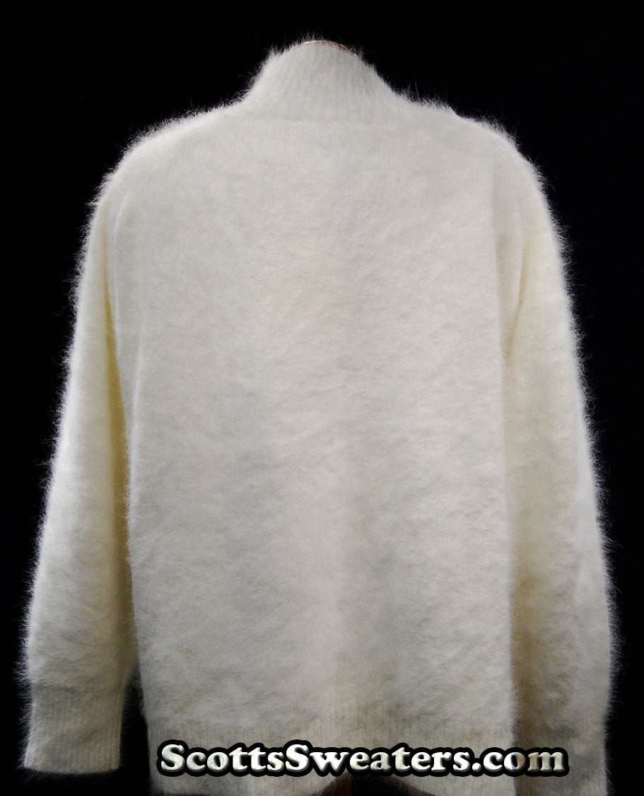 Woman's white angora shawl-neck cardigan sweater with single-button closure by Lee Sands in plus and missy sizes