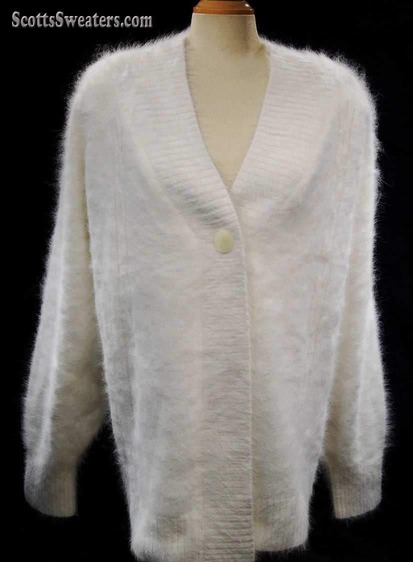 Woman's white angora shawl-neck cardigan sweater with single-button closure by Lee Sands, Missy-One-Size