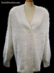 Woman's white angora shawl-neck cardigan sweater with single-button closure by Lee Sands, Missy-One-Size