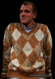 Brown and tan retro shaggy argyle mohair V-neck sweater by Jantzen, medium size