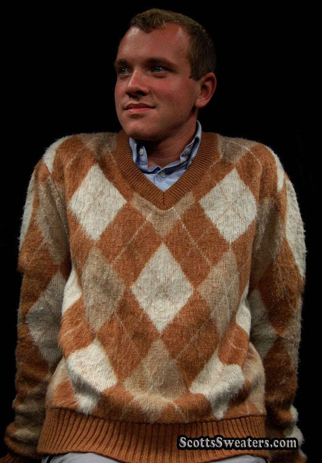Brown and tan retro shaggy argyle mohair V-neck sweater by Jantzen, medium size