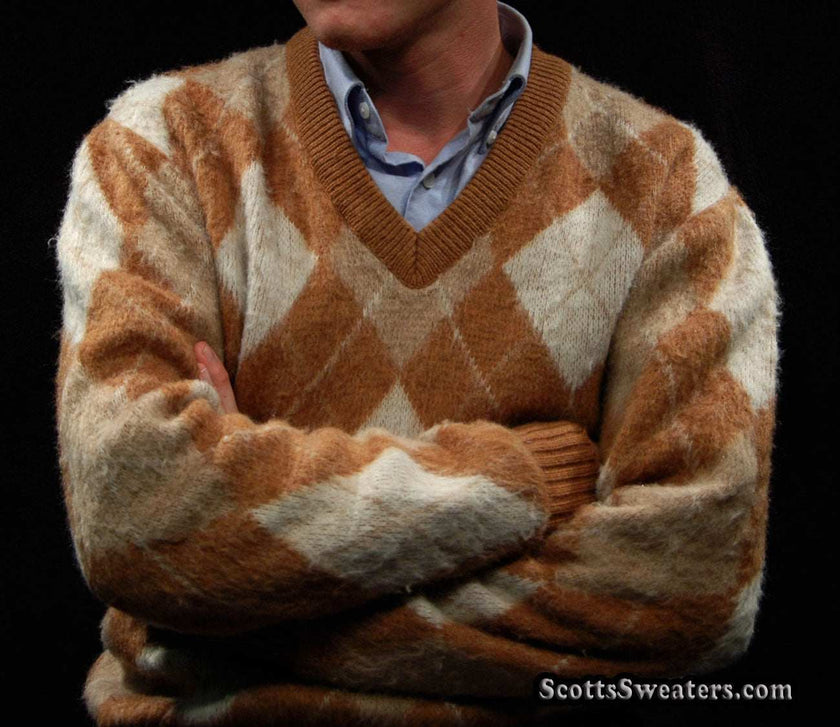 Brown and tan retro shaggy argyle mohair V-neck sweater by Jantzen, medium size