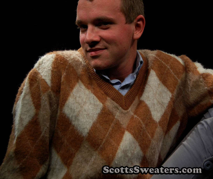 Brown and tan retro shaggy argyle mohair V-neck sweater by Jantzen medium size
