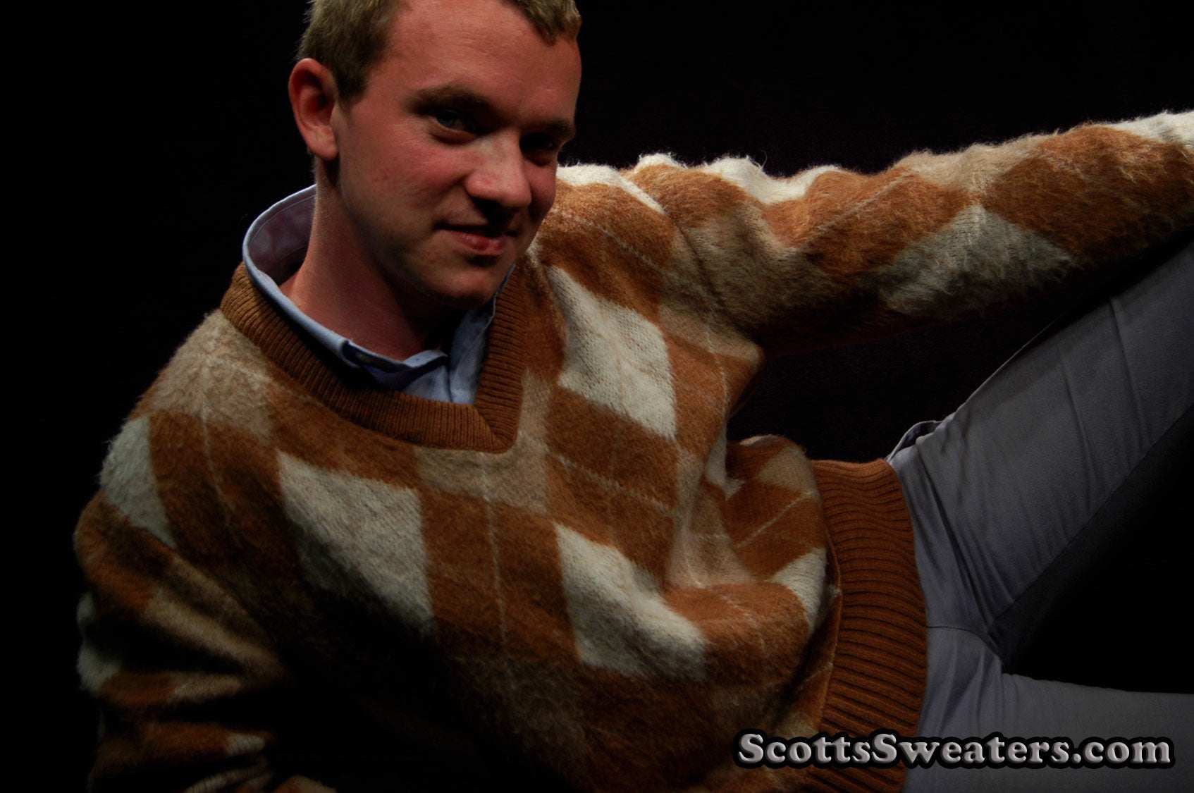 Brown and tan Retro Shaggy Argyle V-neck mohair sweater by Jantzen, medium size