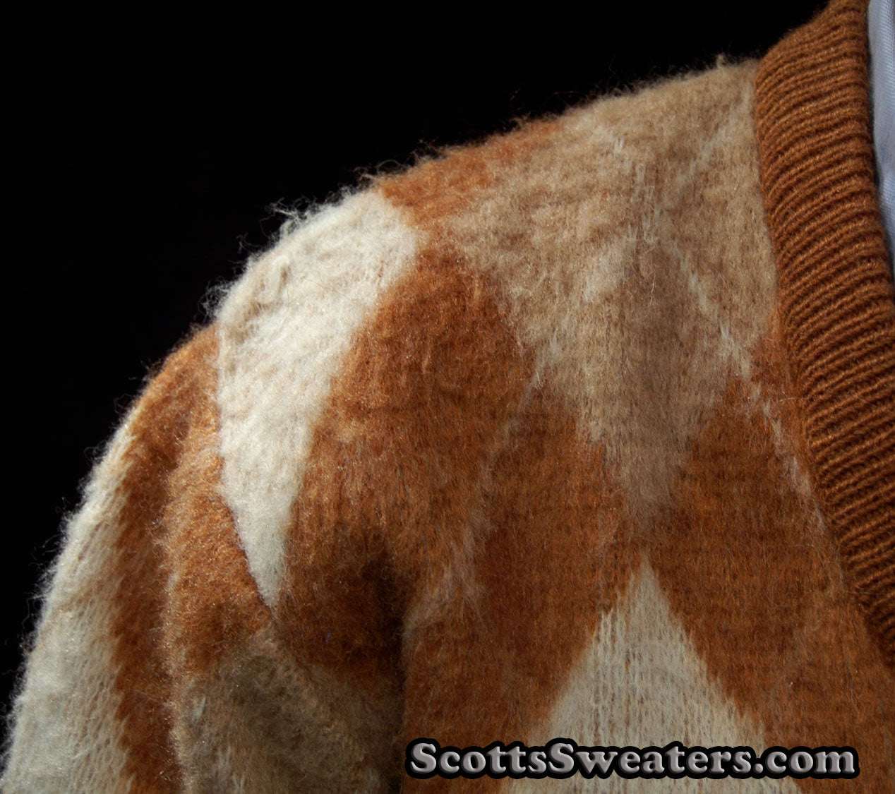 Brown and tan retro shaggy argyle V-neck mohair sweater by Jantzen, medium size 42