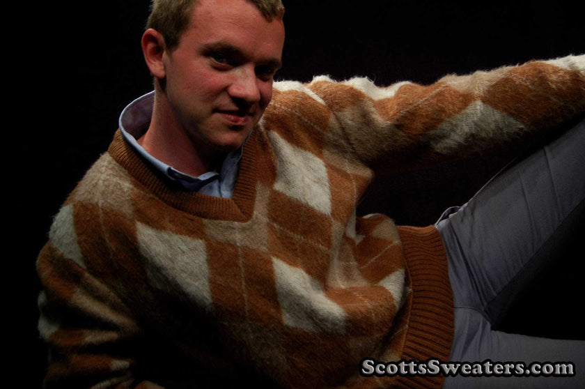 Brown and tan Retro Shaggy Argyle V-neck mohair sweater by Jantzen, medium size