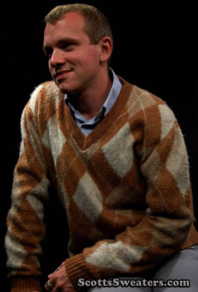Brown and tan retro shaggy argyle mohair V-neck sweater by Jantzen, medium size 42