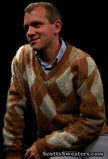 Brown and tan retro shaggy argyle mohair V-neck sweater by Jantzen, medium size 42