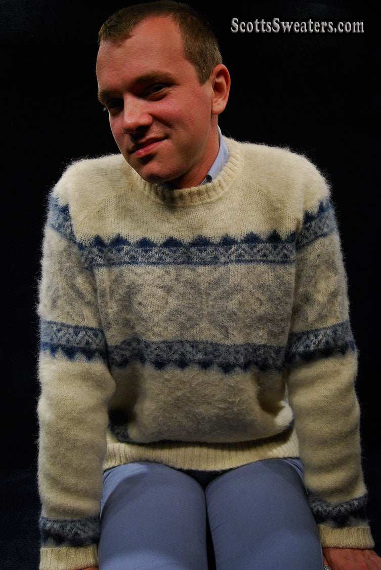 Men's ivory Icelandic wool crewneck sweater with grey-blue snowflake design by Samband of Iceland, medium size