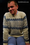Men's ivory Icelandic wool crewneck sweater with grey-blue snowflake design by Samband of Iceland, medium size
