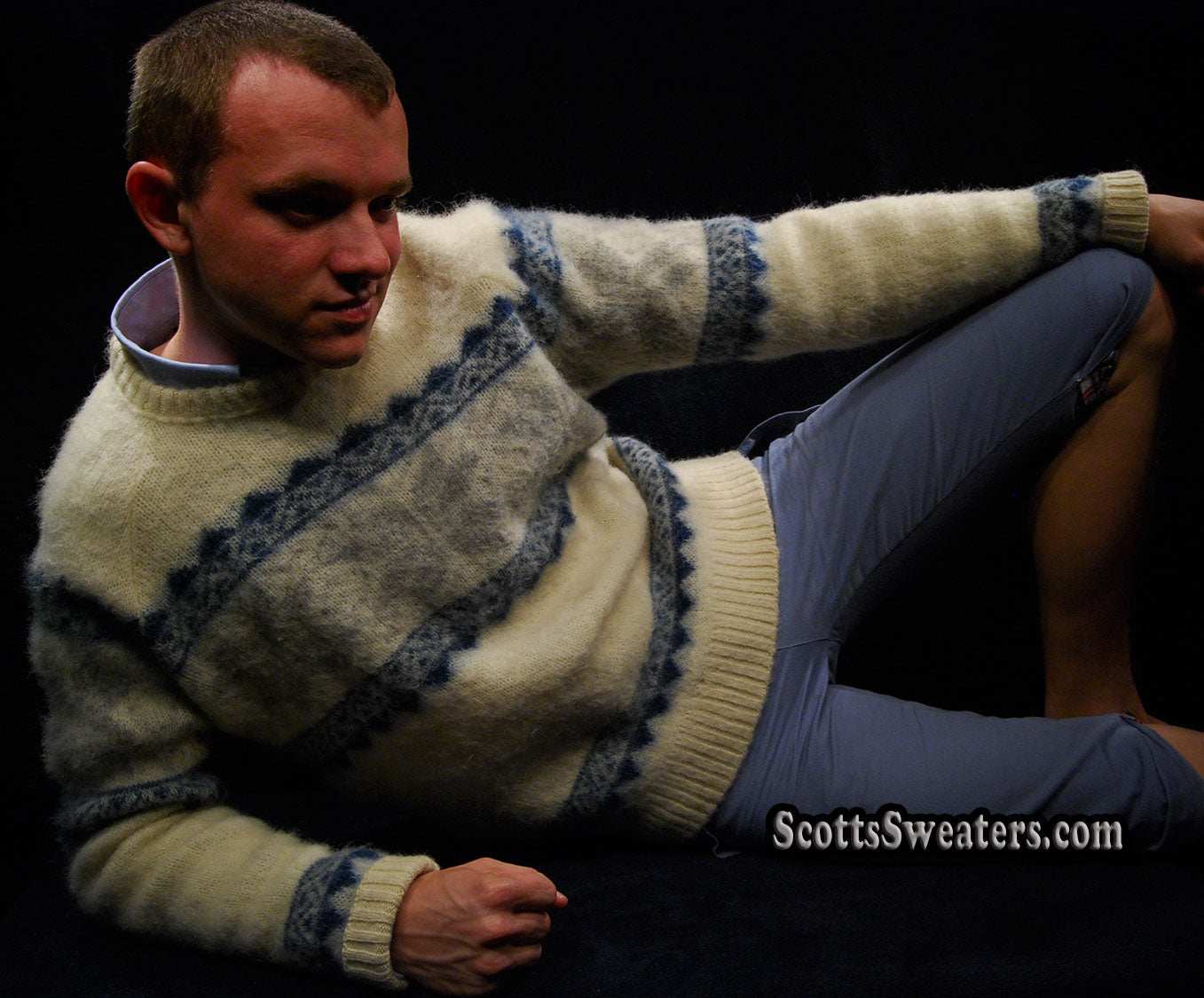 Ivory Icelandic wool crewneck sweater with grey-blue snowflake design by Samband of Iceland