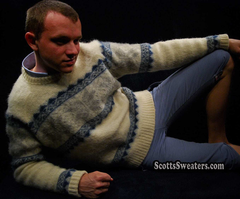 Ivory Icelandic wool crewneck sweater with grey-blue snowflake design by Samband of Iceland
