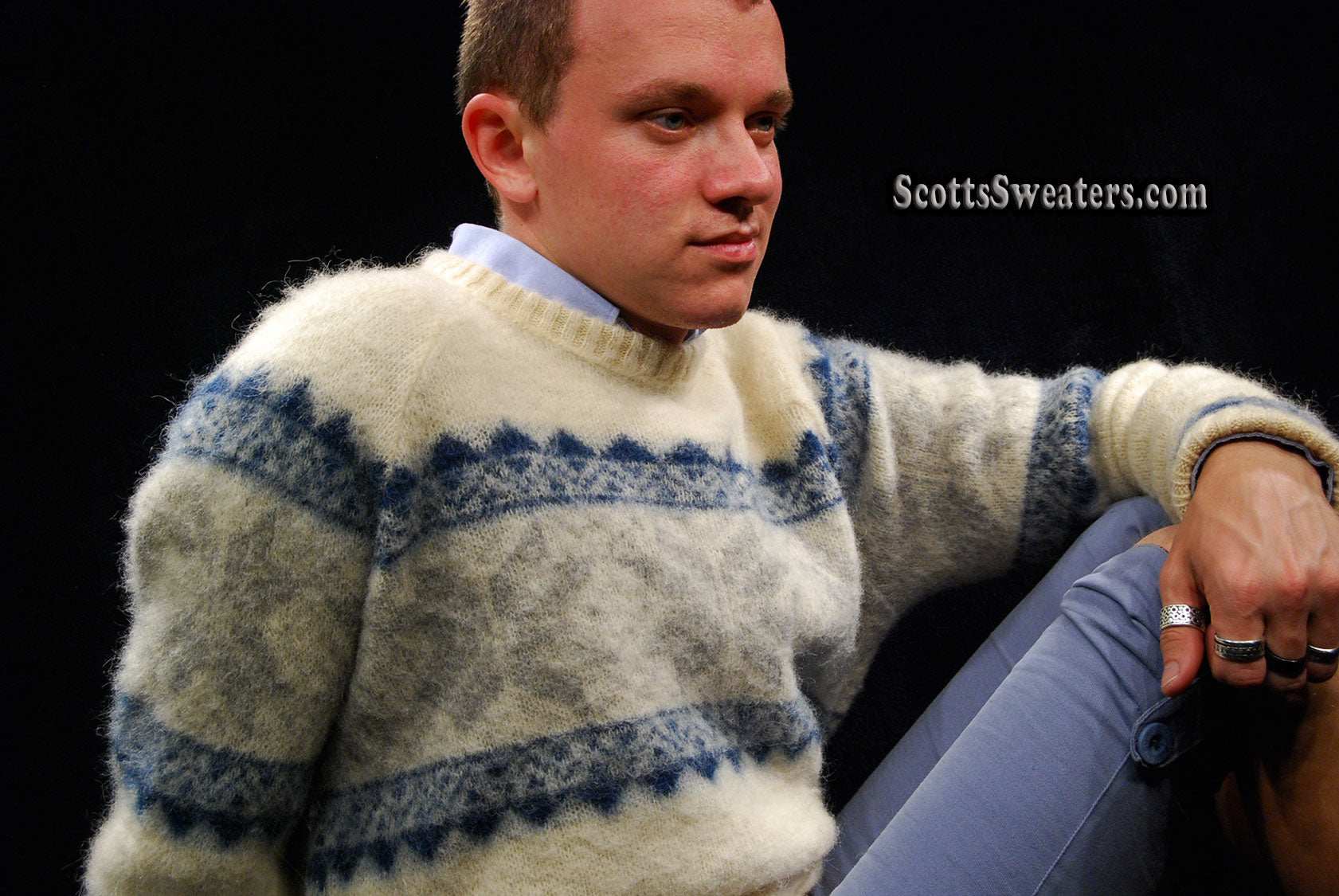 Ivory men's Icelandic wool crewneck sweater with grey-blue snowflake design by Samband of Iceland