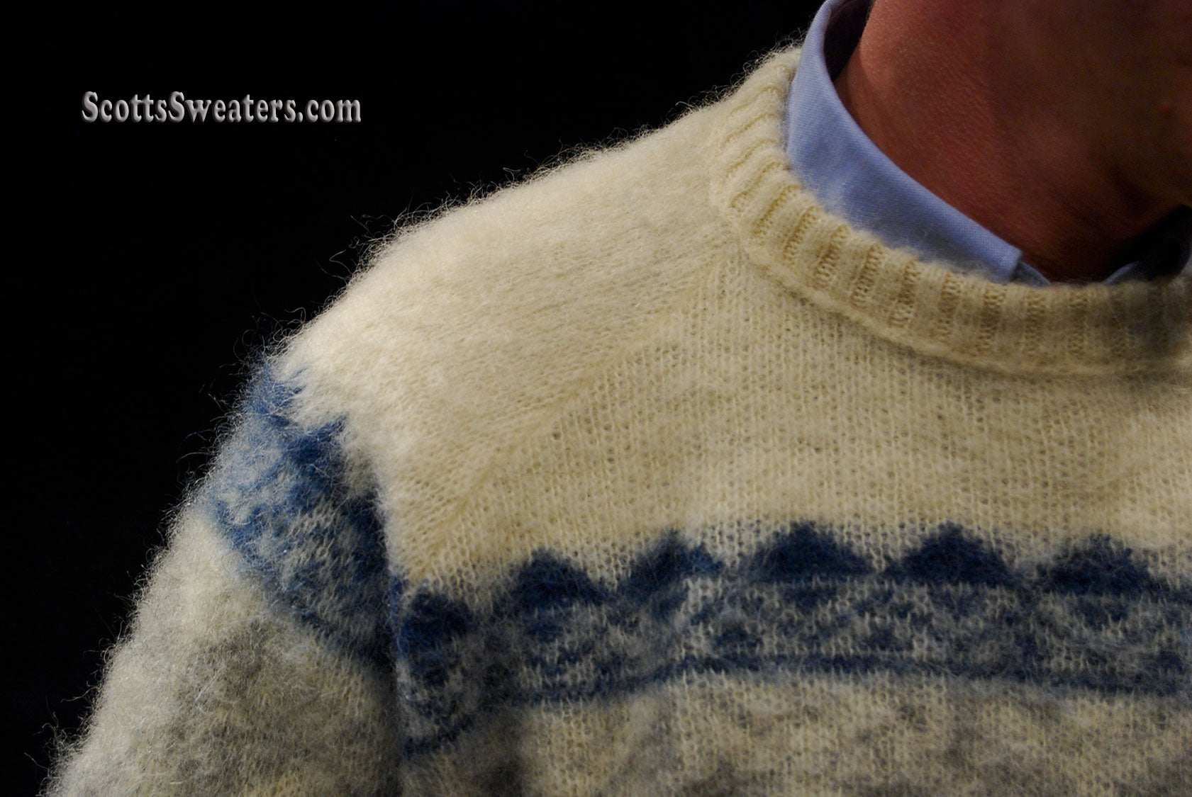 Ivory men's Icelandic wool crewneck sweater with blue snowflake design by Samband of Iceland