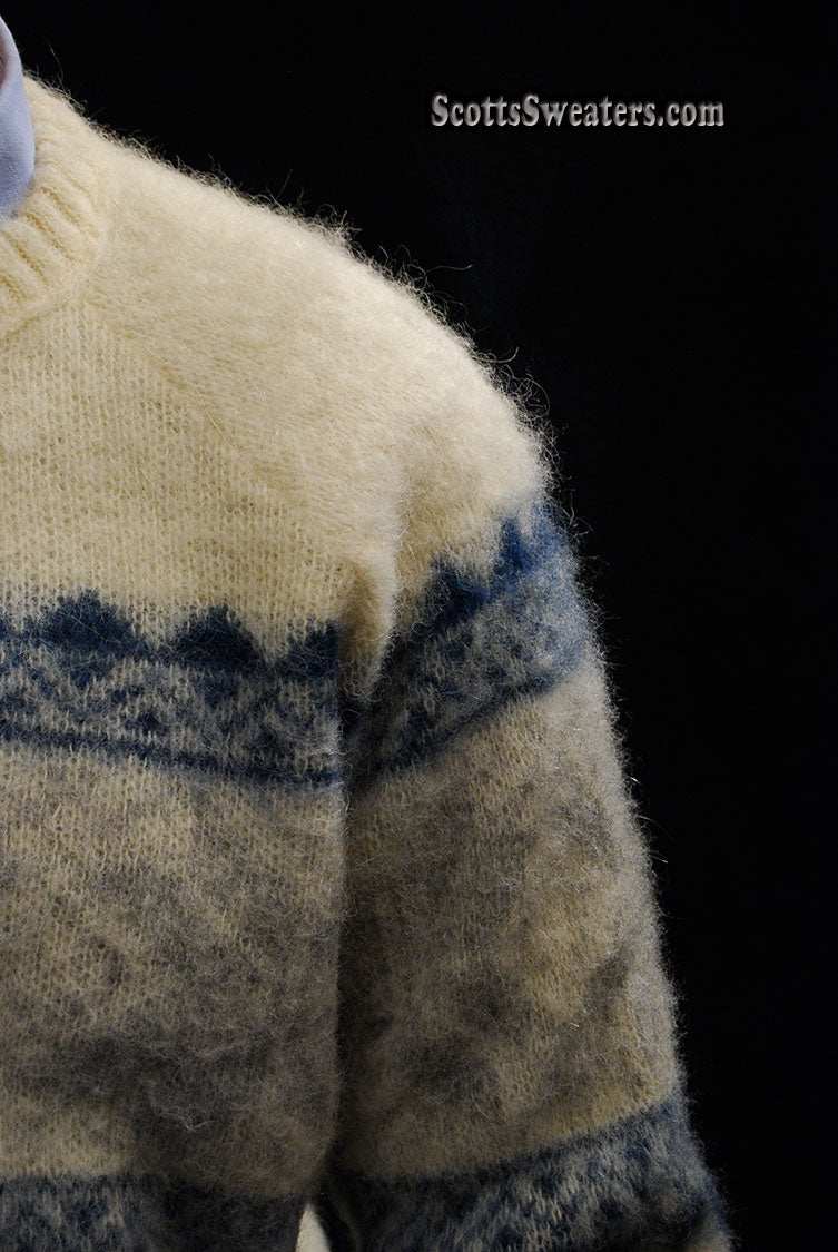 Ivory Icelandic wool crewneck sweater with grey-blue snowflake design by Samband of Iceland