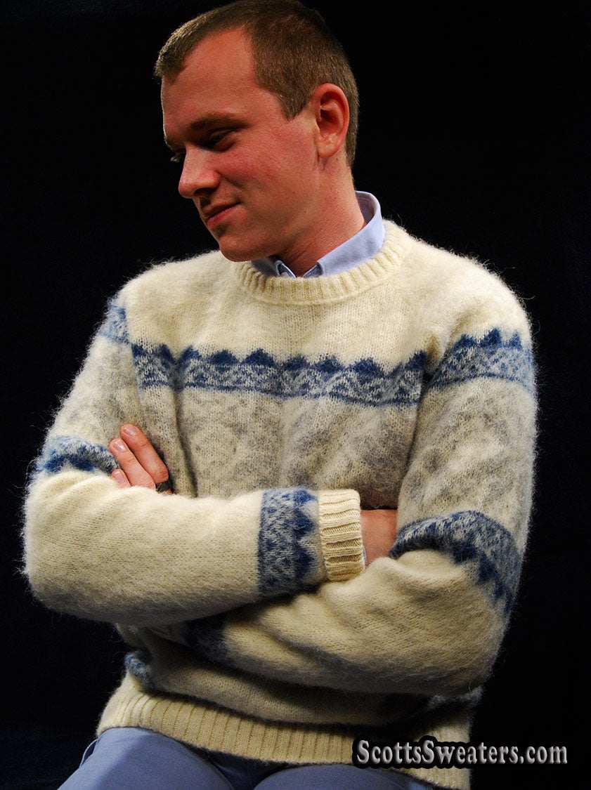 Men's ivory Icelandic wool crewneck sweater with grey-blue snowflake design by Samband of Iceland
