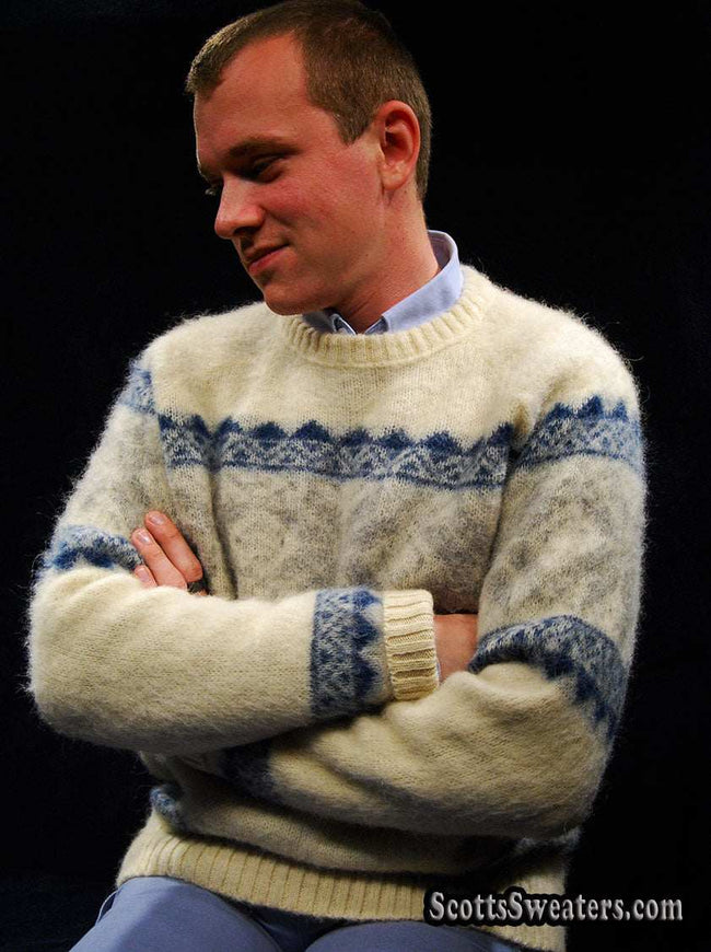 Men's ivory Icelandic wool crewneck sweater with grey-blue snowflake design by Samband of Iceland