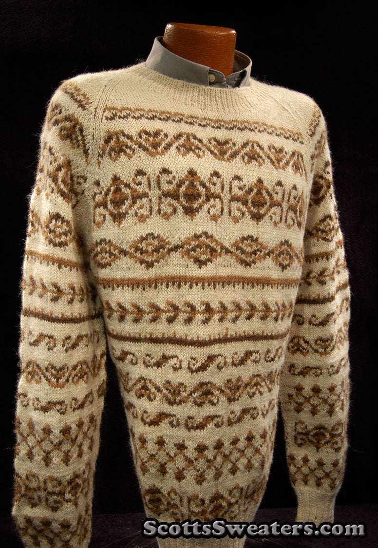 Men's ivory alpaca crewneck sweater with brown ethnic design by Fotrama, size XL
