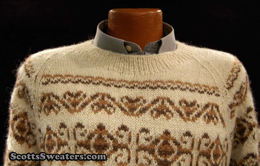 Men's ivory alpaca crewneck sweater with brown ethnic design by Fotrama, XL size