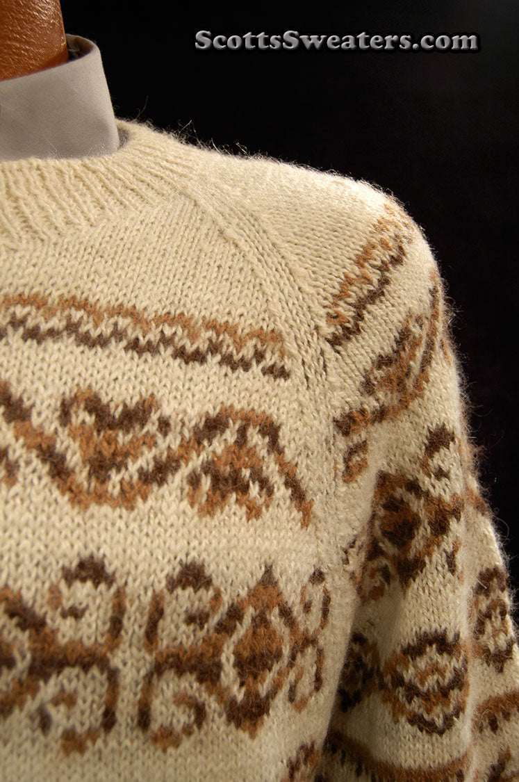Men's ivory alpaca crewneck sweater with brown ethnic design by Fotrama, size XL