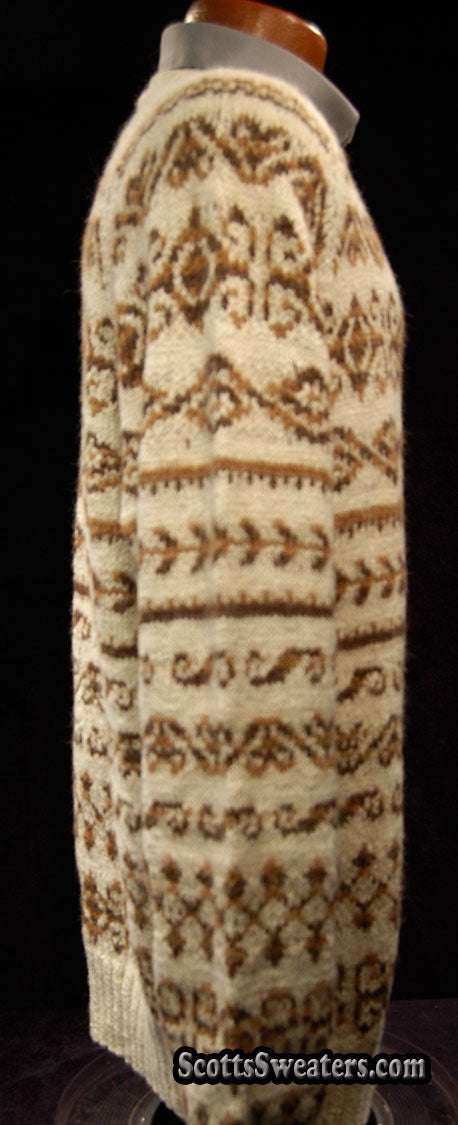 Men's ivory alpaca crewneck sweater with brown ethnic design by Fotrama, size XL