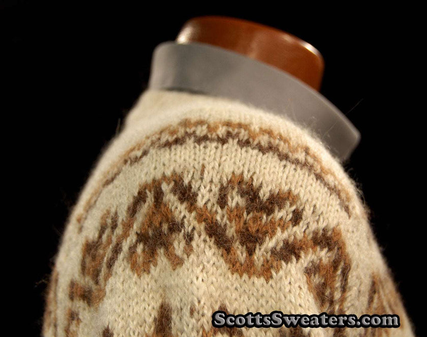 Men's Ivory Alpaca Crewneck sweater with brown ethnic design by Fotrama, XL size