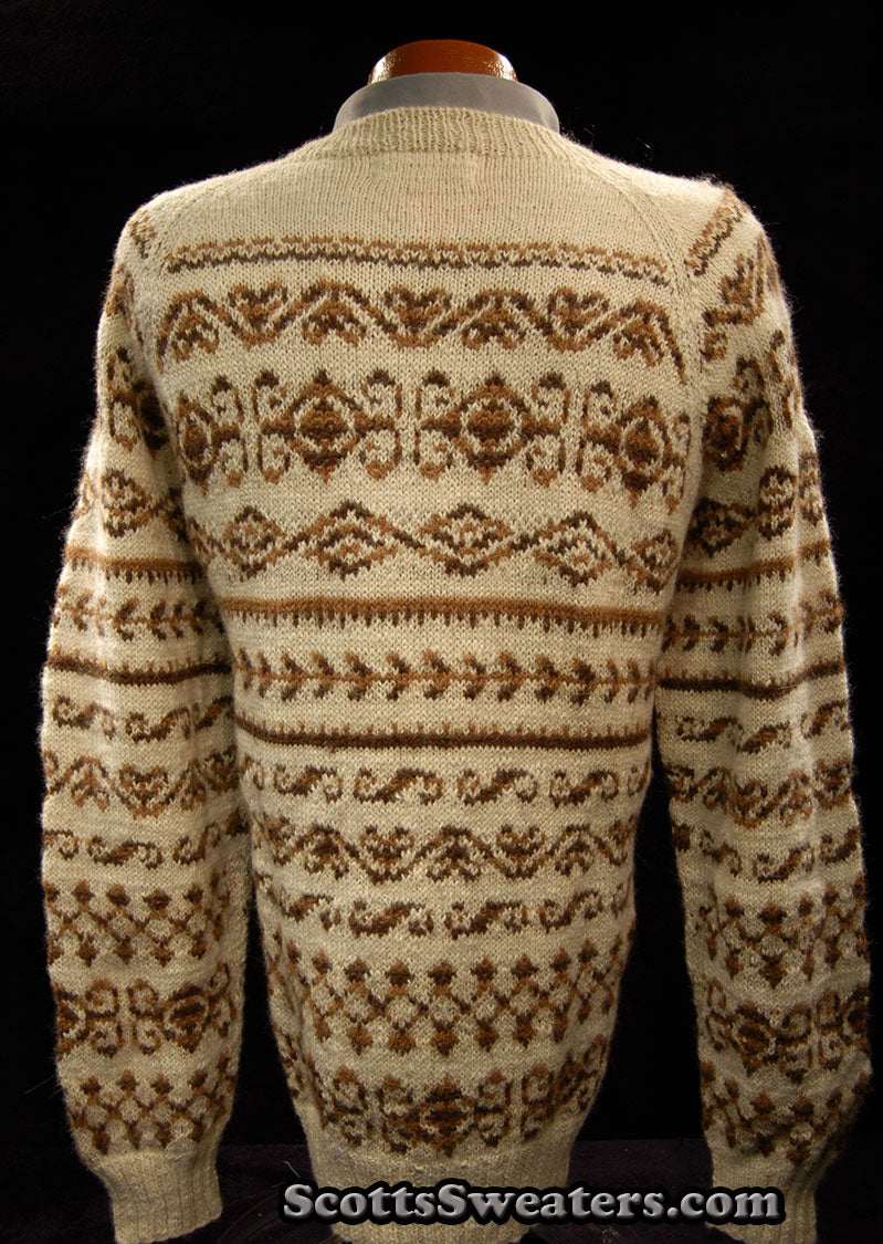 Men's ivory alpaca crewneck sweater with brown ethnic design by Fotrama, size XL