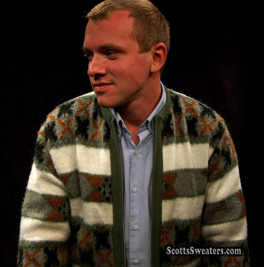 Men's retro zipper-front green and white faux-mohair cardigan sweater with geometric design by Barclay in small size