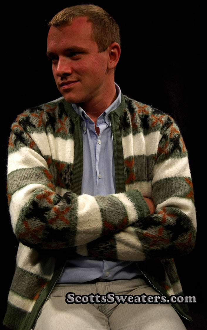 Men's retro zipper-front green and white cardigan sweater with geometric design by Barclay