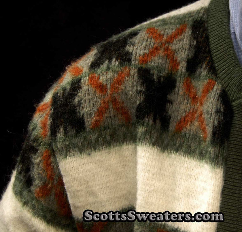 Green and white men's retro zipper-front faux-mohair cardigan sweater with geometric design by Barclay, size small