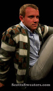 Men's retro zipper-front green and white faux-mohair cardigan with geometric design by Barclay