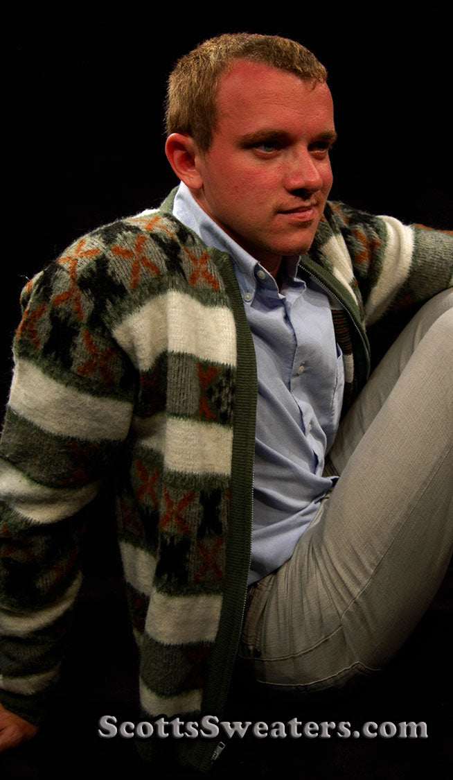 Men's retro zipper-front green and white faux-mohair cardigan with geometric design by Barclay