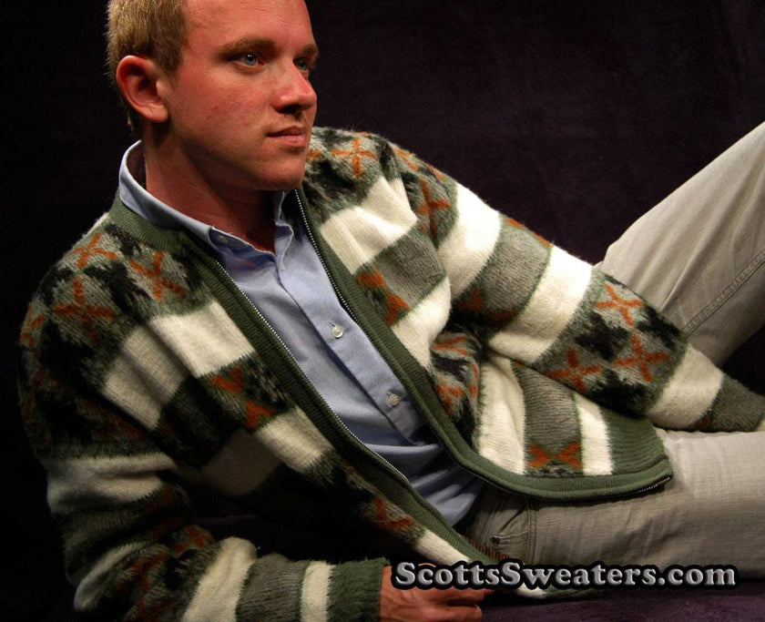 Men's retro zipper-front green and white faux-mohair cardigan sweater with geometric design