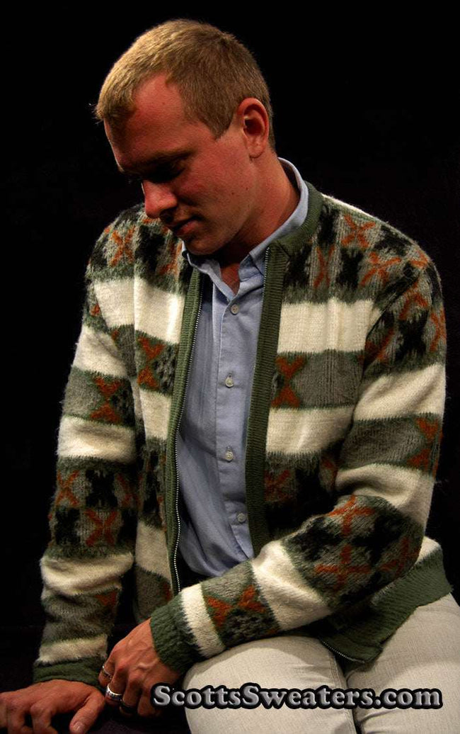 Men's retro zipper-front green and white faux-mohair cardigan sweater with geometric design by Barclay in size small