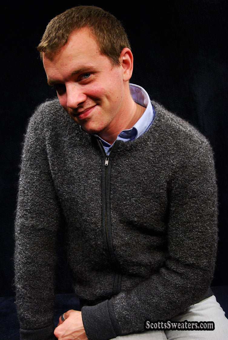 Charcoal grey men's alpaca zipper-front cardigan sweater with front pockets by J.Crew