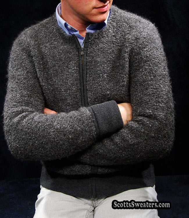 Charcoal grey men's alpaca zipper-front cardigan sweater by J.Crew with front pockets in small size