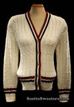 Woman's retro white cable-knit cardigan sweater with red and blue trim stripes, size x-small