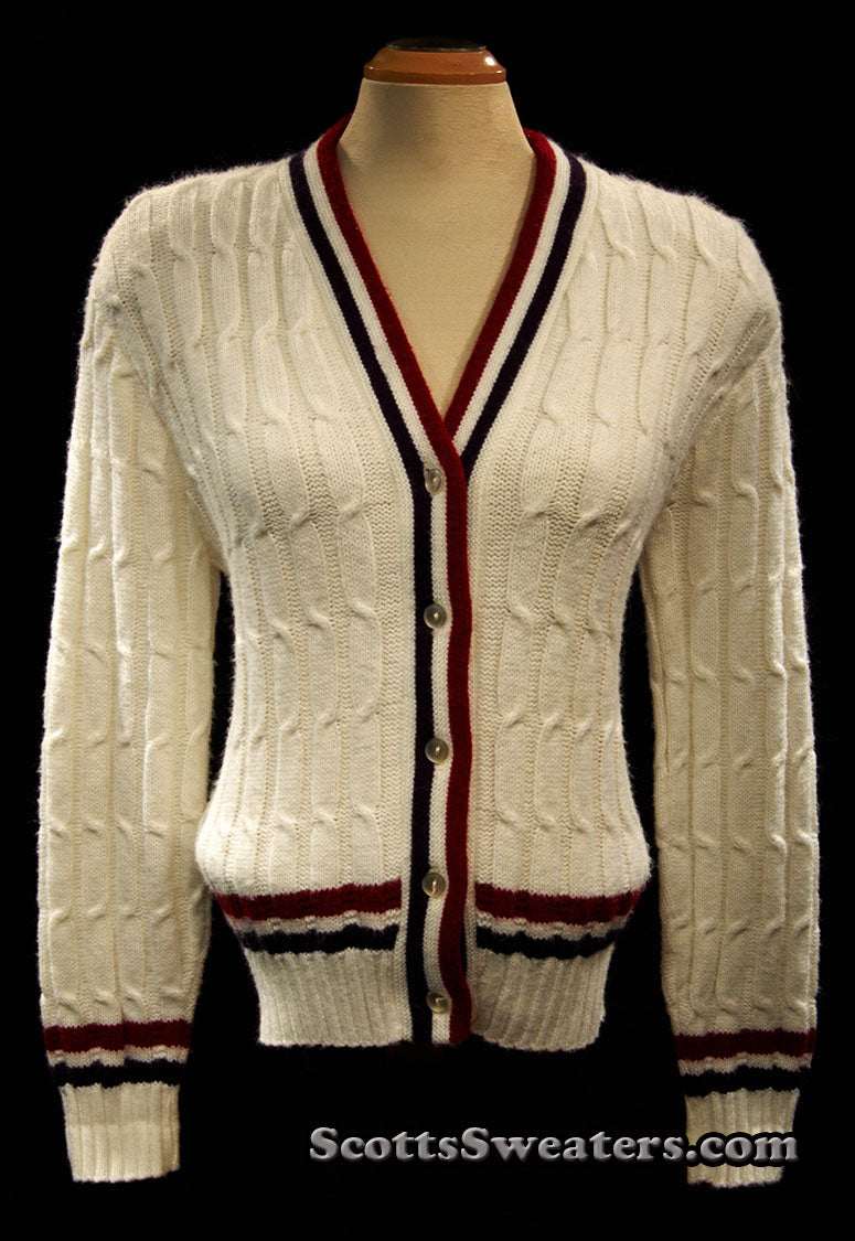 Woman's retro white cable-knit cardigan sweater with red and blue trim stripes, size x-small
