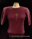 Woman's 2-piece matching deep-purple Angora sweater set with short-sleeve sweater and open-front cardigan with leather appliqué