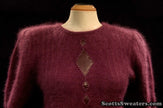 Deep-purple Woman's 2-Piece Matching Angora sweater set with short-sleeve top and open-front cardigan featuring leather appliqué